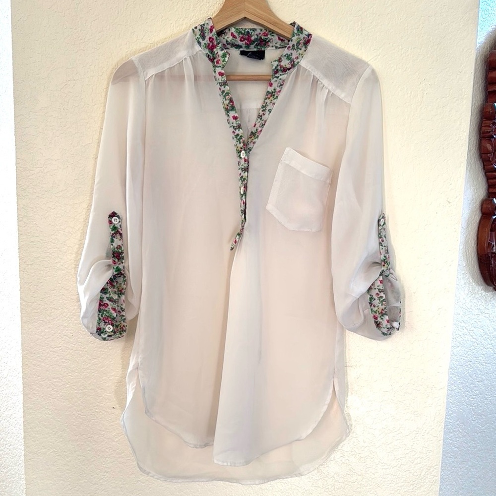 Forever 21 Floral Trim Sheer Cream Blouse